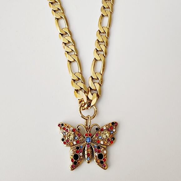 Repurposed Designer Multi-Gemstone Butterfly Pendant on Chunky Figaro Chain - Picture 4 of 4
